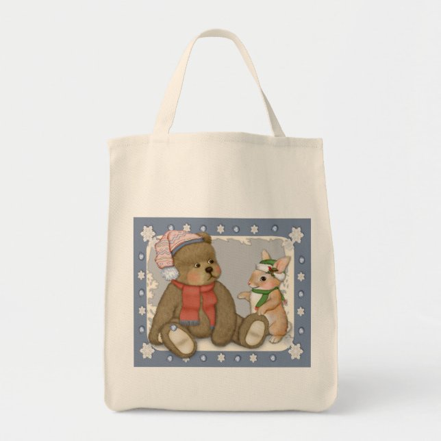 Tote Bag Neige Noël Teddy et Bunny (Devant)