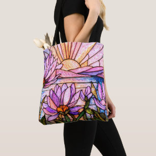 Tote Bag Nénuphar à l'eau pourpre Faux Vitrail Soleil Levan