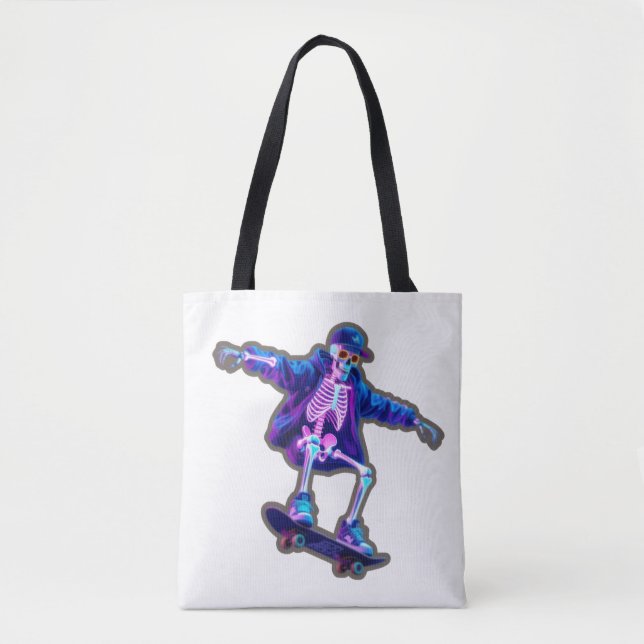 Tote Bag Neon 3D Skeleton Skateboarding – Funny Streetwear  (Devant)