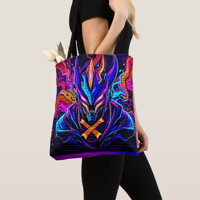 Tote Bag Neon Cyber Guardian Art (De près)