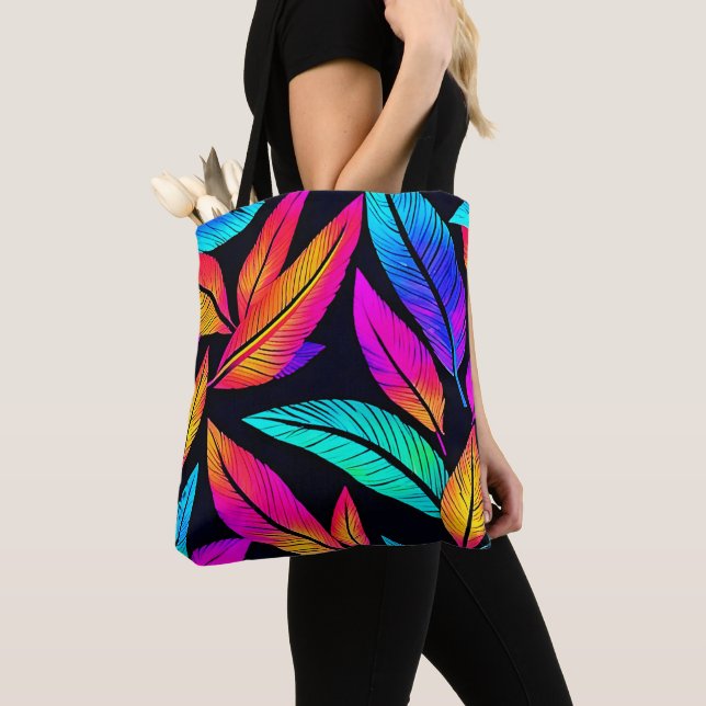 Tote Bag Neon Feather Motif Art Vibrant (De près)