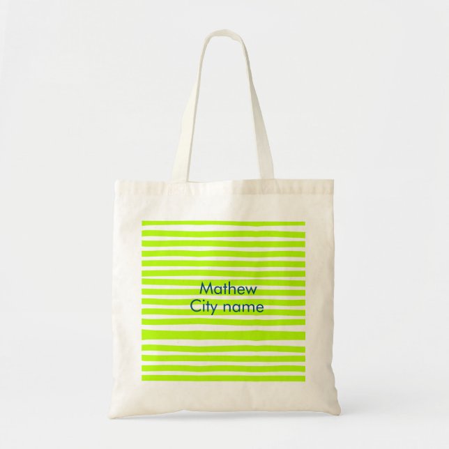 Tote Bag Neon green yellow retro stripes add name cityplace (Devant)