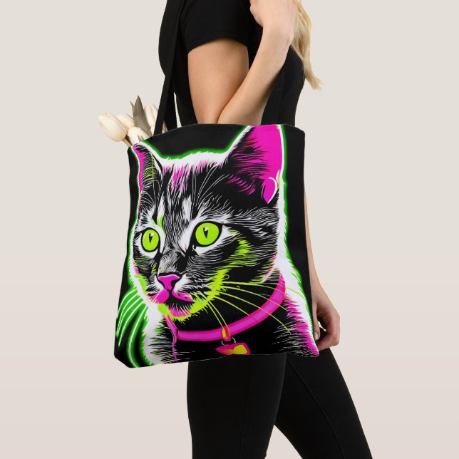 Tote Bag Neon Kitty Feline Art (De près)