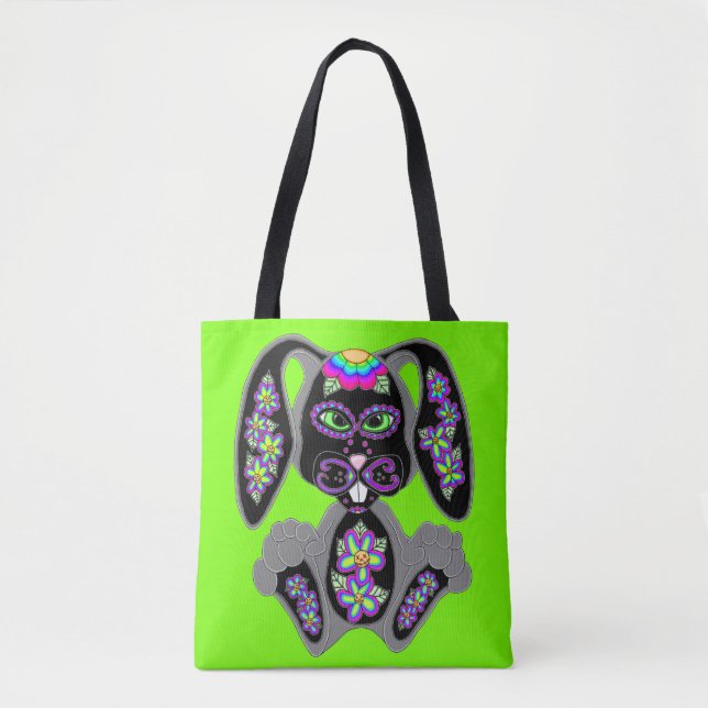 Tote Bag Neon Rainbow Sugar Skull Bunny (Devant)