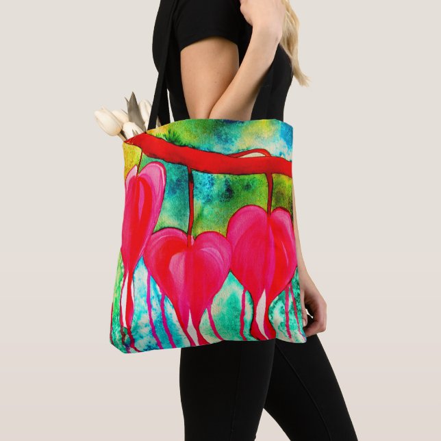Tote Bag Neon rose Bleeding Coeurs art fleurs (De près)
