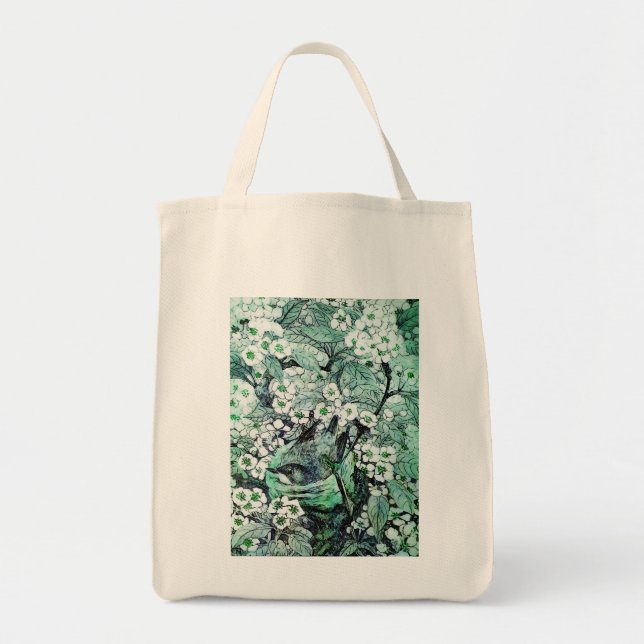 Tote Bag NEST D'OISEAU PARMI LES FLEURS D'ESPÈCE Vert Blanc (Devant)