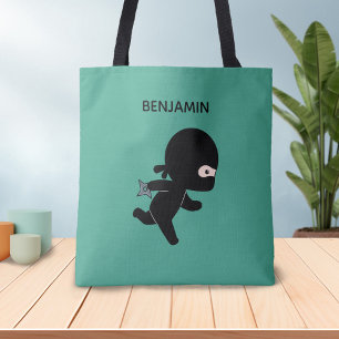 Tote Bag Ninja minuscule avec nom personnalisé sur vert fon