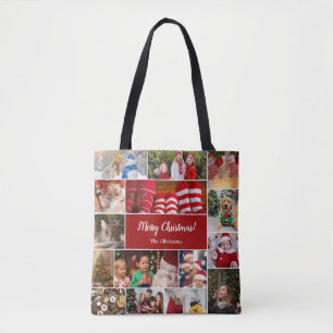 Tote Bag Noël 15 Photo Collage avec nom de famille Rouge