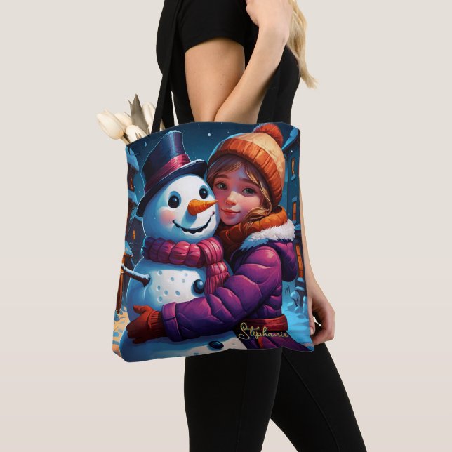 Tote Bag Noël Adorable Fille Et Snowman (De près)