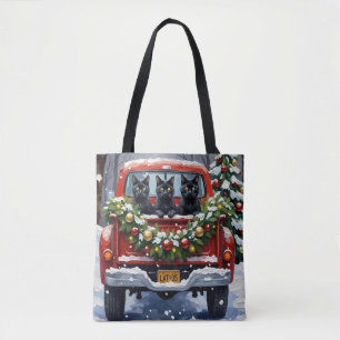 Tote Bag Noël au camion rouge avec chat noir