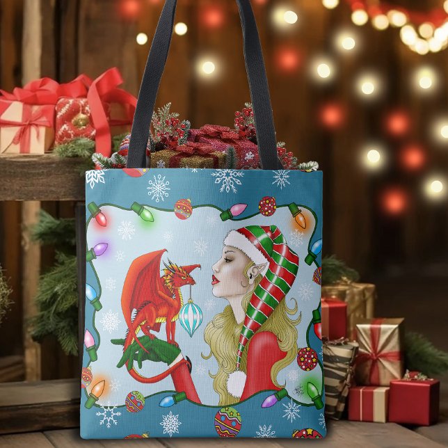 Tote Bag Noël Blonde Elf Red Dragon Imaginaire (Créateur téléchargé)