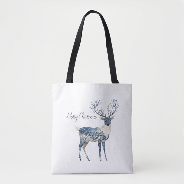 Tote Bag Noël Cerf Bleu Blanc Nordique (Devant)