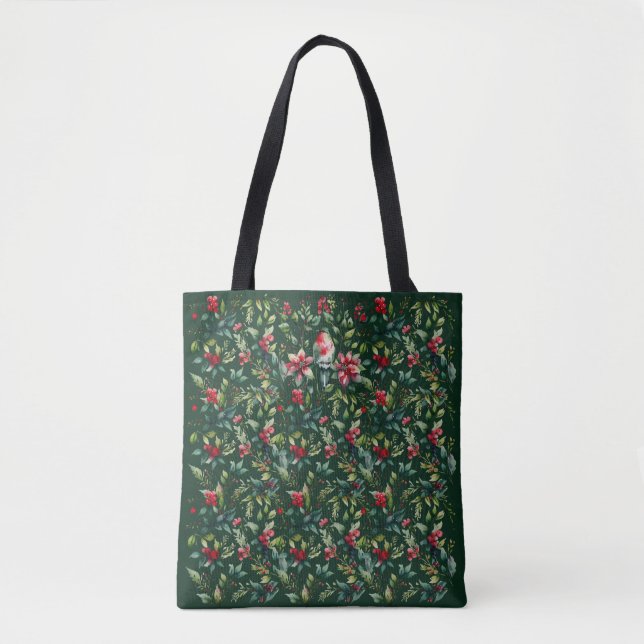 Tote Bag Noël Classique Vert Oiseau Botanique Rouge Fêtes (Devant)