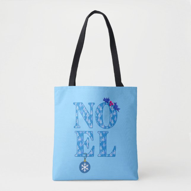 Tote Bag NOEL dans un Motif d'arbre de Noël bleu (Devant)