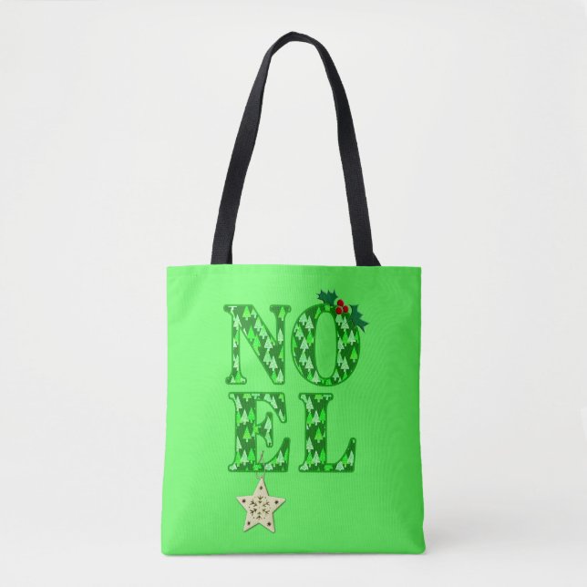 Tote Bag NOEL dans un motif de sapin de Noël vert (Devant)