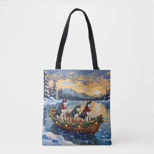 Tote Bag Noël de bateau de Husky sibérien de vacances