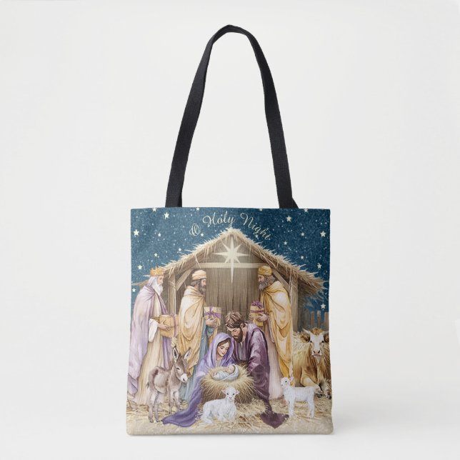 Tote Bag Noël de la crèche à l'aquarelle (Devant)