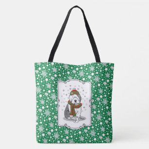 Tote Bag Noël d'hiver Vieux anglais Chien de mouton gris 1