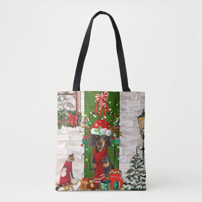 Tote Bag Noël du chien Dachshund (Devant)