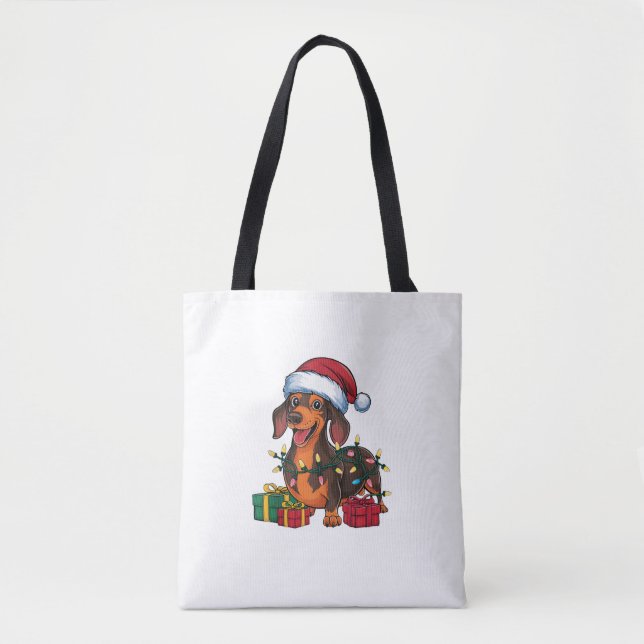 Tote Bag Noël Éclairage de Noël Chapeau Dachshund Chien Noë (Devant)