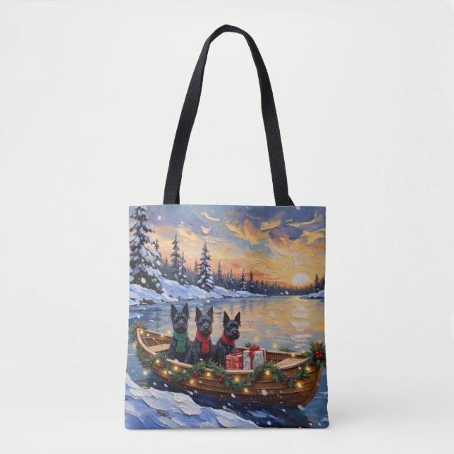 Tote Bag Noël en bateau avec un Terrier Écossais (Devant)