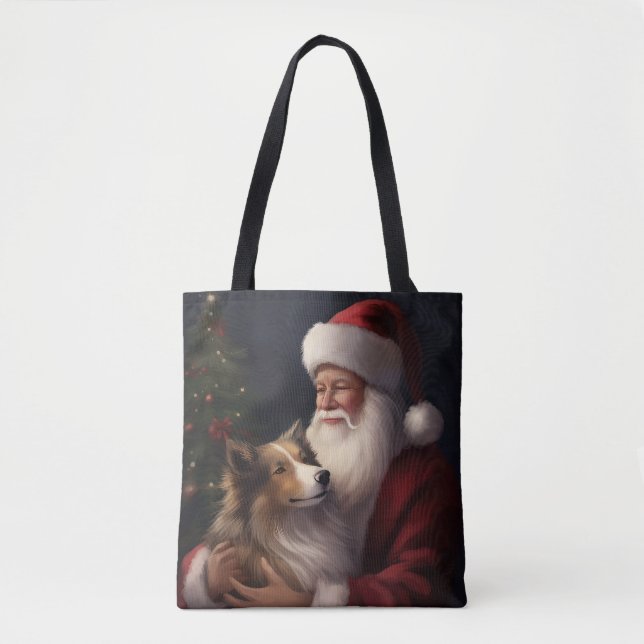 Tote Bag Noël festif de Shetland Sheepdog Père Noël (Devant)