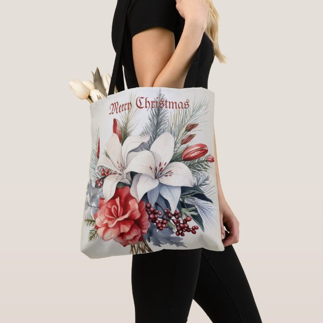 Tote Bag Noël Fleurs Blanches Rouges Fêtes Élégant (De près)