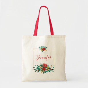 Tote Bag Noël floral rouge vert et or Moderne