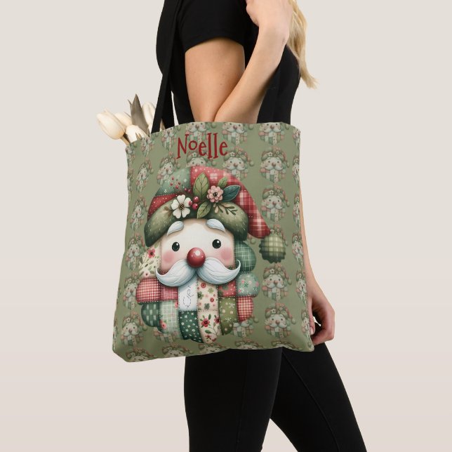 Tote Bag Noël folklorique patchwork fantaisiste de Père Noë (De près)