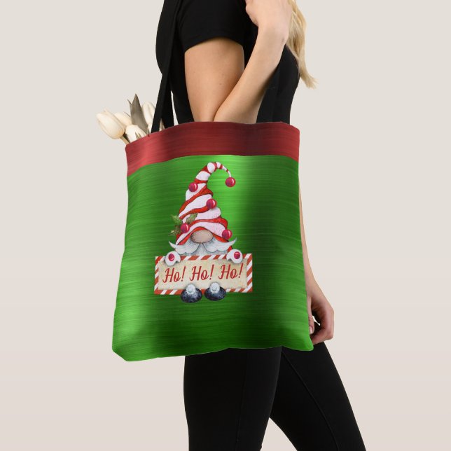 Tote Bag Noël Gnome Ho ! Ho ! Ho ! Rouge vert métallique (De près)