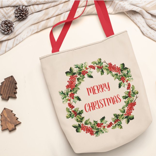 Tote Bag Noël Holly Feuilles & Berries Joyeux Noël (Créateur téléchargé)