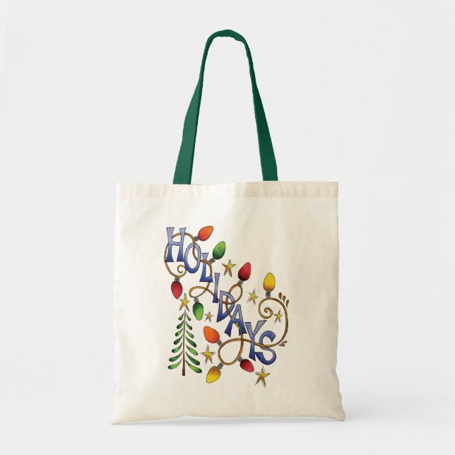 Tote Bag Noël mignon, lumières et étoiles avec texte de vac (Devant)