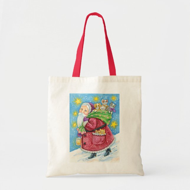 Tote Bag Noël mignon, Père Noël avec chatons et chats ! (Devant)