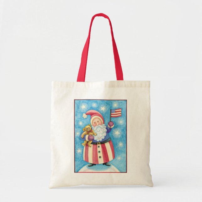 Tote Bag Noël mignon, Père Noël patriotique avec drapeau (Devant)