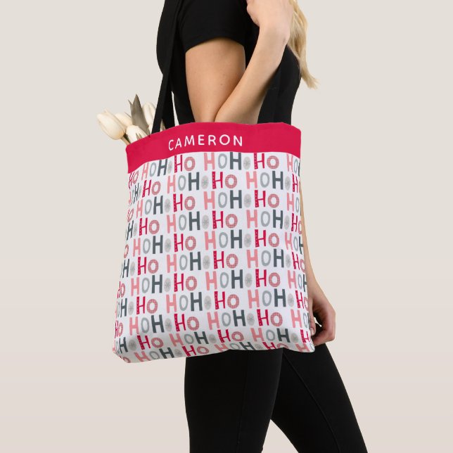 Tote Bag Noël mignon rouge gris HO HO Personnalisé (De près)
