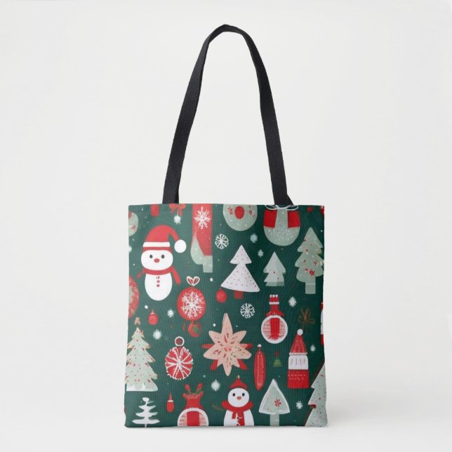 Tote Bag Noël motif bonhomme de neige père Noël arbres déco (Devant)