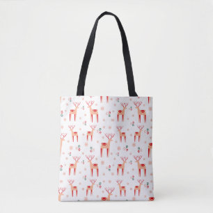Tote Bag Noël Motif de rennes scandinaves roses et rouges