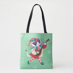 Tote Bag Noël Musique Elfe Chat Vert
