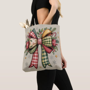 Tote Bag Noël Patchwork Bow Cozy Rustique Fêtes