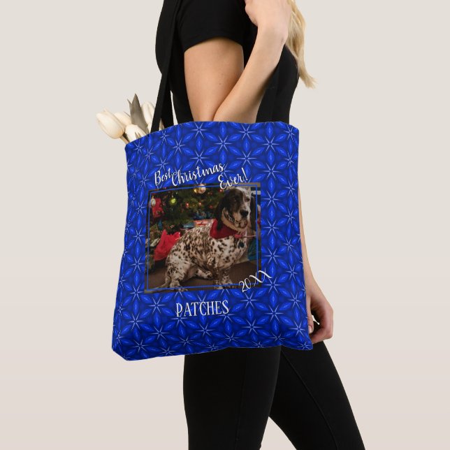 Tote Bag Noël Personnalisé Animaux de Compagnie Photo Blue  (De près)