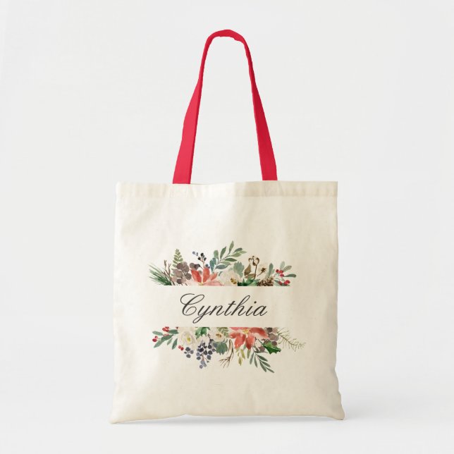 Tote Bag Noël Poinsettia ivoire rouge vert hiver Floral (Devant)