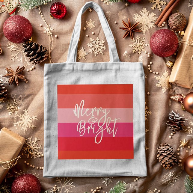 Tote Bag Noël Red Stripes Joyeux et Lumineux vacances (Créateur téléchargé)