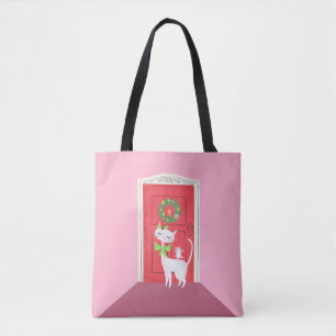 Tote Bag Noël Retro Chat blanc et souris rose