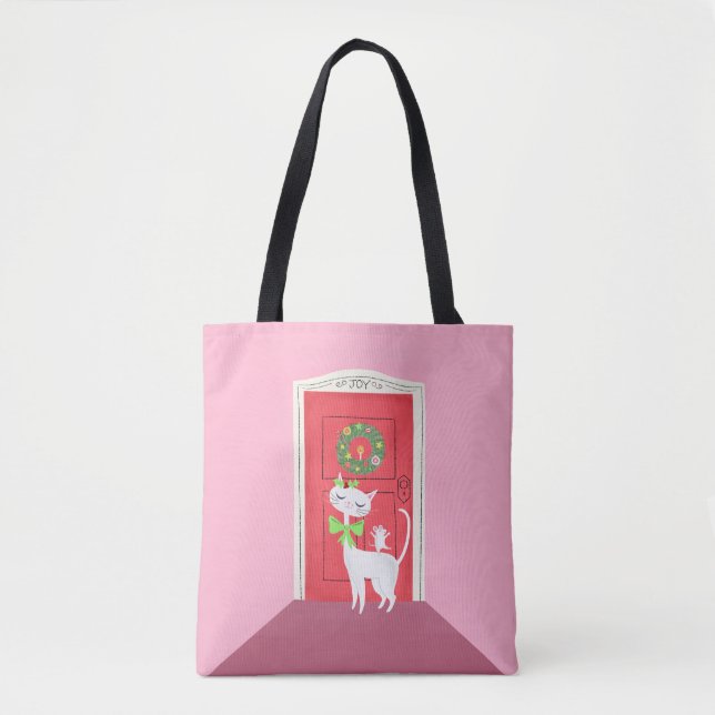 Tote Bag Noël Retro Chat blanc et souris rose (Devant)