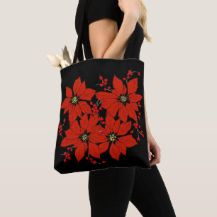 Tote Bag Noël Rouge Poinsettia Fleurs Fêtes