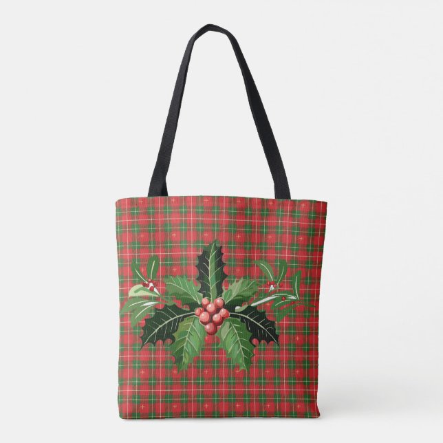 Tote Bag Noël Rouge vert plaid avec la couronne (Dos)
