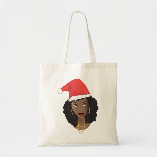 Tote Bag Noël Santa Hat, Femme noire, Cheveux naturels (Devant)