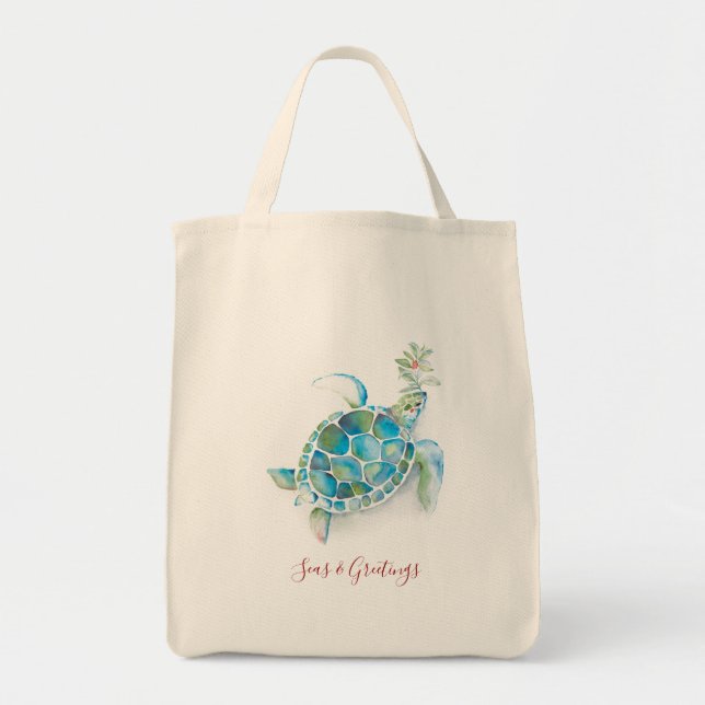 Tote Bag Noël Tortue de mer Aquarelle Mer & Salutations (Devant)