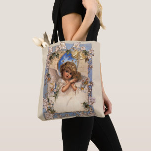 Tote Bag Noël vintage, ange victorien avec cloches dorées