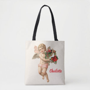Tote Bag Noël vintage, ange victorien avec couronne florale